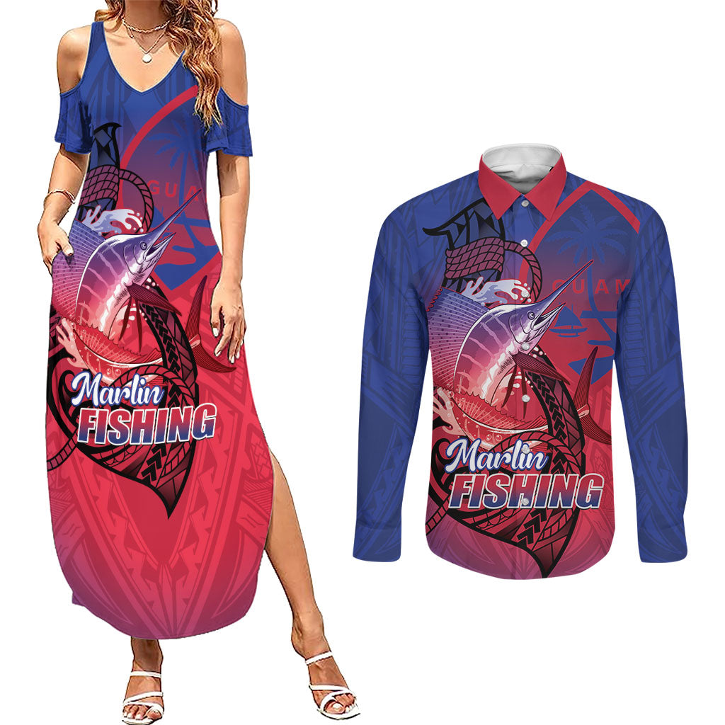 Guam Blue Marlin Fishing Couples Matching Summer Maxi Dress and Long Sleeve Button Shirt Guahan Fish Hook Tattoo