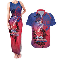 Guam Blue Marlin Fishing Couples Matching Tank Maxi Dress and Hawaiian Shirt Guahan Fish Hook Tattoo LT14 Blue - Polynesian Pride