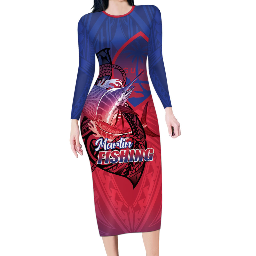 Guam Blue Marlin Fishing Family Matching Long Sleeve Bodycon Dress and Hawaiian Shirt Guahan Fish Hook Tattoo LT14 Mom's Dress Blue - Polynesian Pride