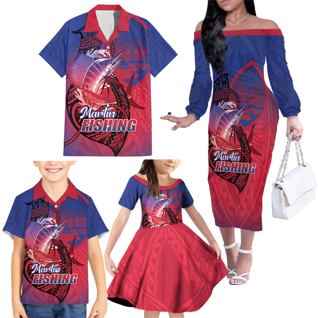 Guam Blue Marlin Fishing Family Matching Off The Shoulder Long Sleeve Dress and Hawaiian Shirt Guahan Fish Hook Tattoo