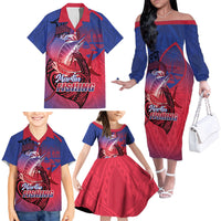 Guam Blue Marlin Fishing Family Matching Off The Shoulder Long Sleeve Dress and Hawaiian Shirt Guahan Fish Hook Tattoo LT14 - Polynesian Pride