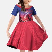 Guam Blue Marlin Fishing Family Matching Off Shoulder Maxi Dress and Hawaiian Shirt Guahan Fish Hook Tattoo LT14 Daughter's Dress Blue - Polynesian Pride