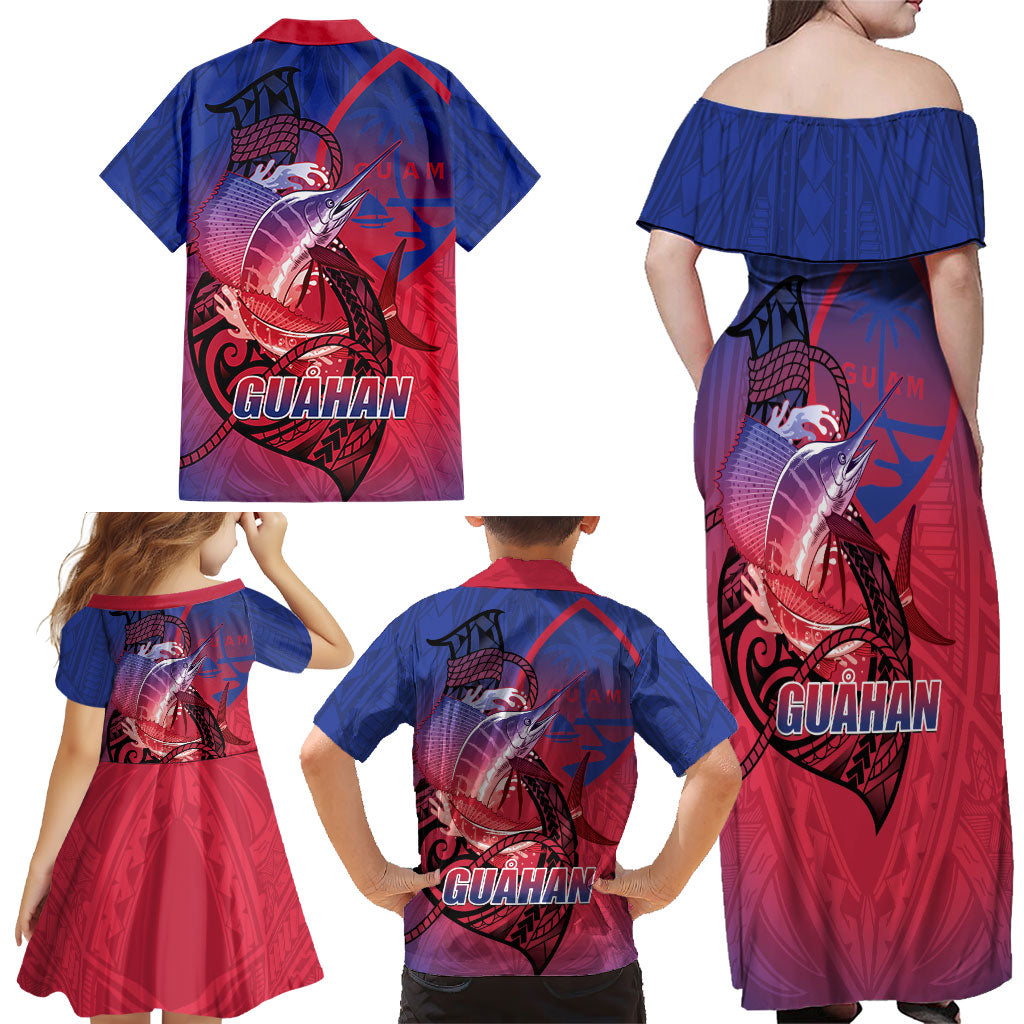 Guam Blue Marlin Fishing Family Matching Off Shoulder Maxi Dress and Hawaiian Shirt Guahan Fish Hook Tattoo LT14 - Polynesian Pride
