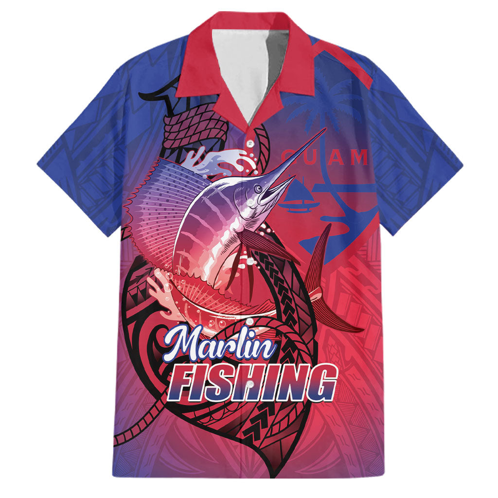 Guam Blue Marlin Fishing Family Matching Puletasi and Hawaiian Shirt Guahan Fish Hook Tattoo LT14 Dad's Shirt - Short Sleeve Blue - Polynesian Pride