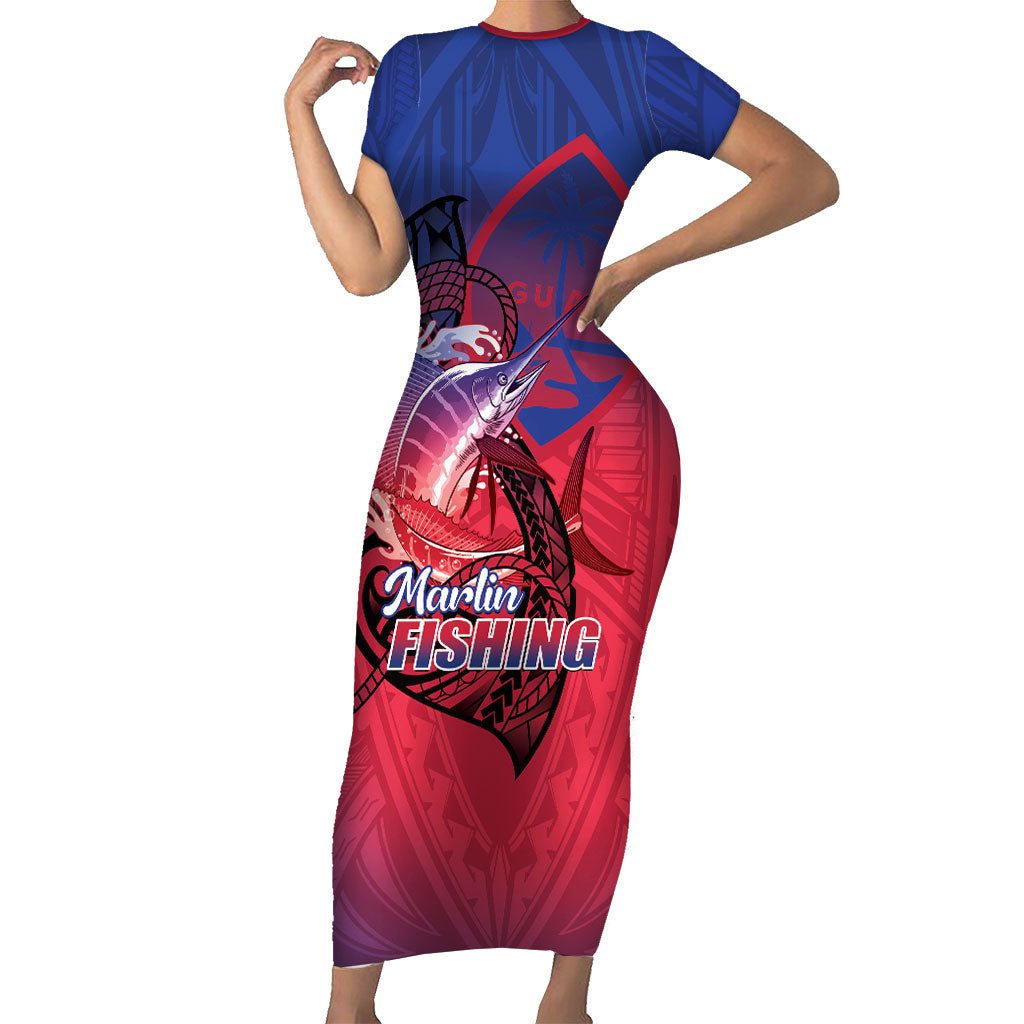 Guam Blue Marlin Fishing Family Matching Short Sleeve Bodycon Dress and Hawaiian Shirt Guahan Fish Hook Tattoo LT14 Mom's Dress Blue - Polynesian Pride