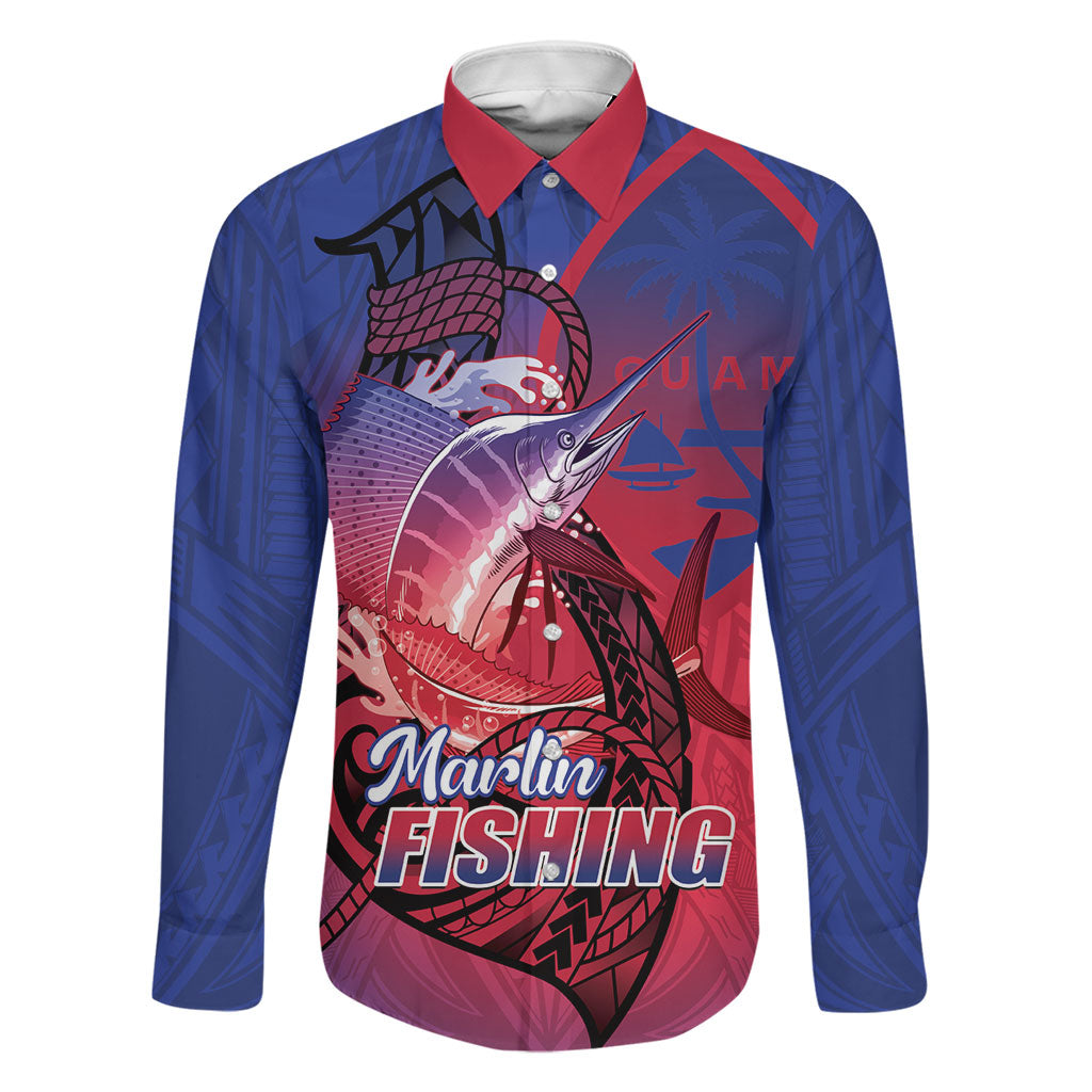 Guam Blue Marlin Fishing Family Matching Summer Maxi Dress and Hawaiian Shirt Guahan Fish Hook Tattoo LT14 Dad's Shirt - Long Sleeve Blue - Polynesian Pride