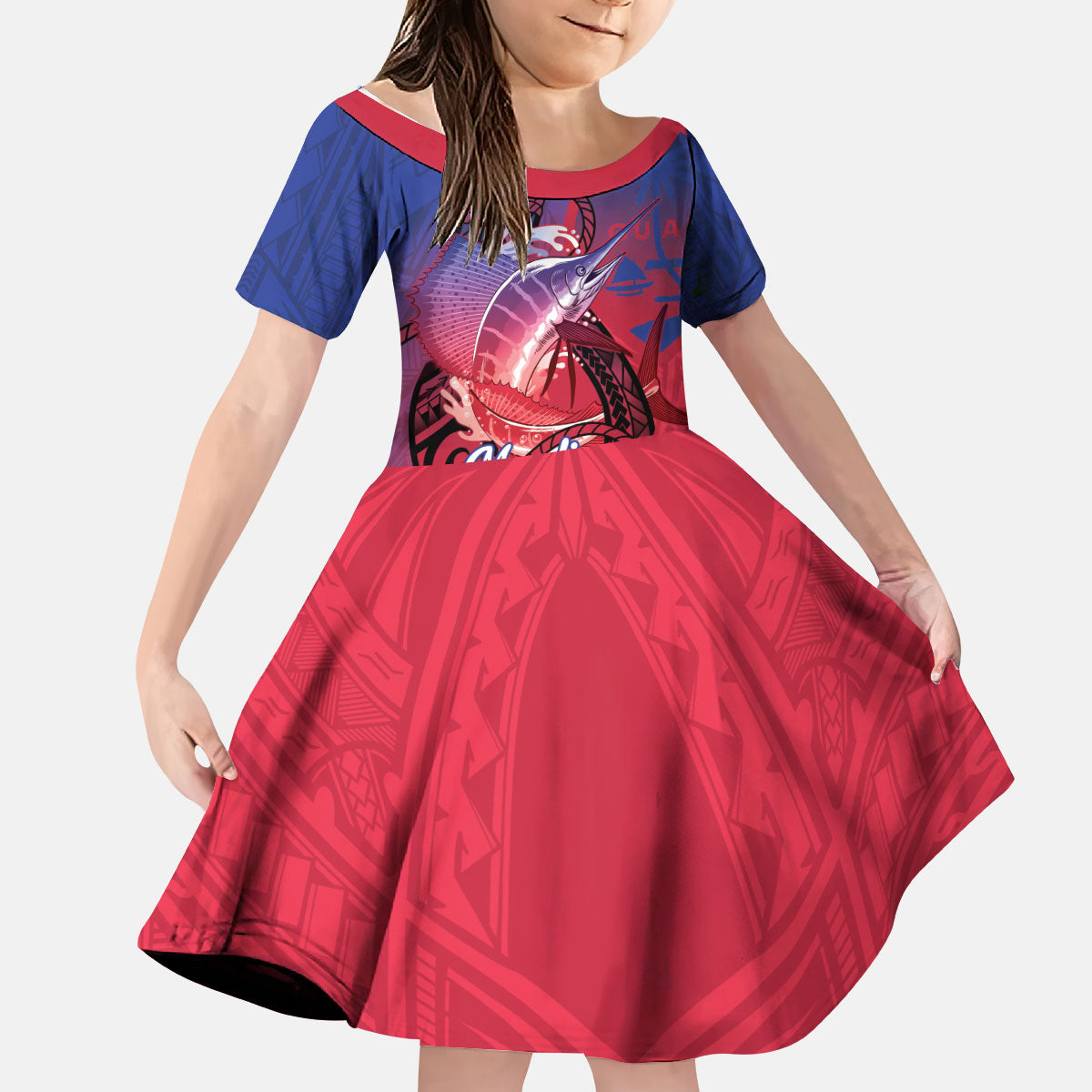 Guam Blue Marlin Fishing Kid Short Sleeve Dress Guahan Fish Hook Tattoo