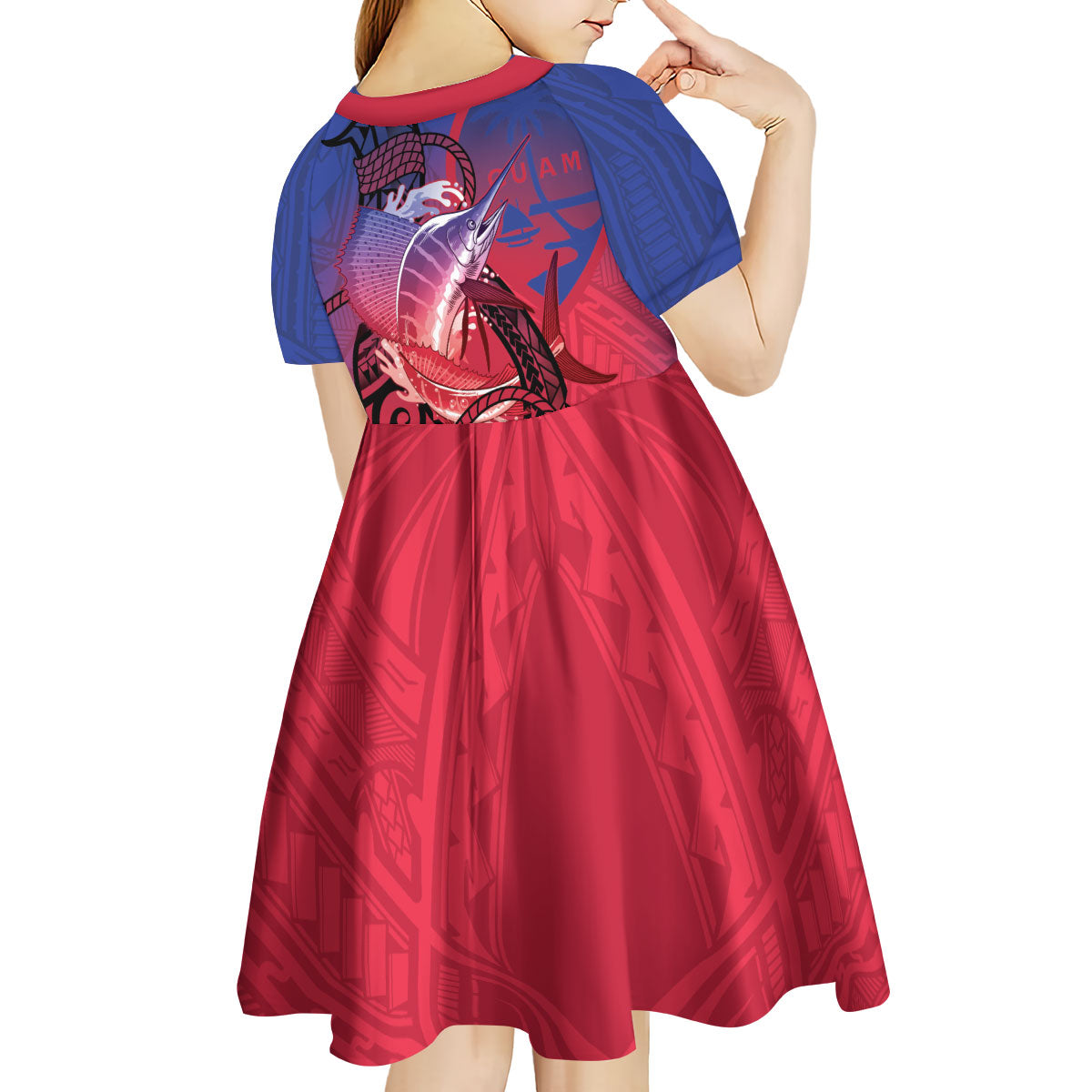 Guam Blue Marlin Fishing Kid Short Sleeve Dress Guahan Fish Hook Tattoo