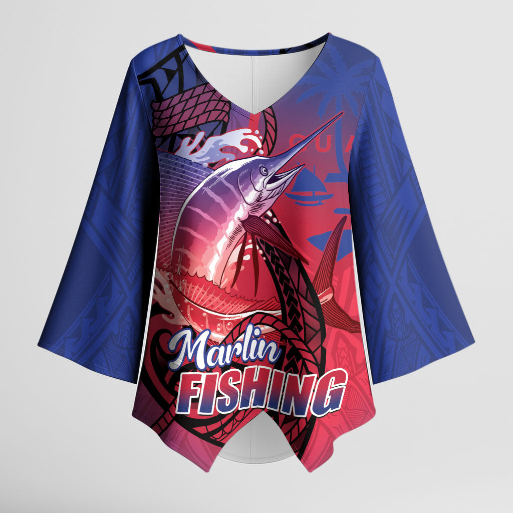 Guam Blue Marlin Fishing Kimono Sleeve Blouse Guahan Fish Hook Tattoo