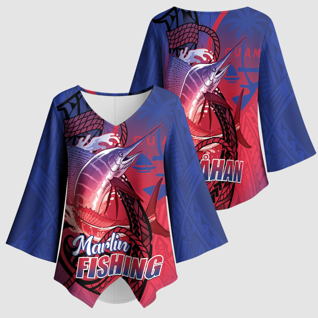 Guam Blue Marlin Fishing Kimono Sleeve Blouse Guahan Fish Hook Tattoo