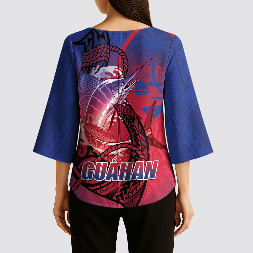 Guam Blue Marlin Fishing Kimono Sleeve Blouse Guahan Fish Hook Tattoo