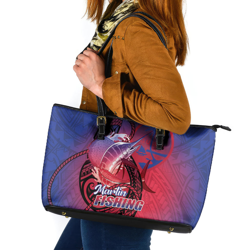Guam Blue Marlin Fishing Leather Tote Bag Guahan Fish Hook Tattoo
