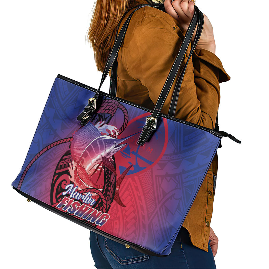 Guam Blue Marlin Fishing Leather Tote Bag Guahan Fish Hook Tattoo