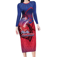 Guam Blue Marlin Fishing Long Sleeve Bodycon Dress Guahan Fish Hook Tattoo