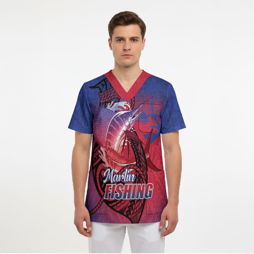 Guam Blue Marlin Fishing Scrub Top Guahan Fish Hook Tattoo