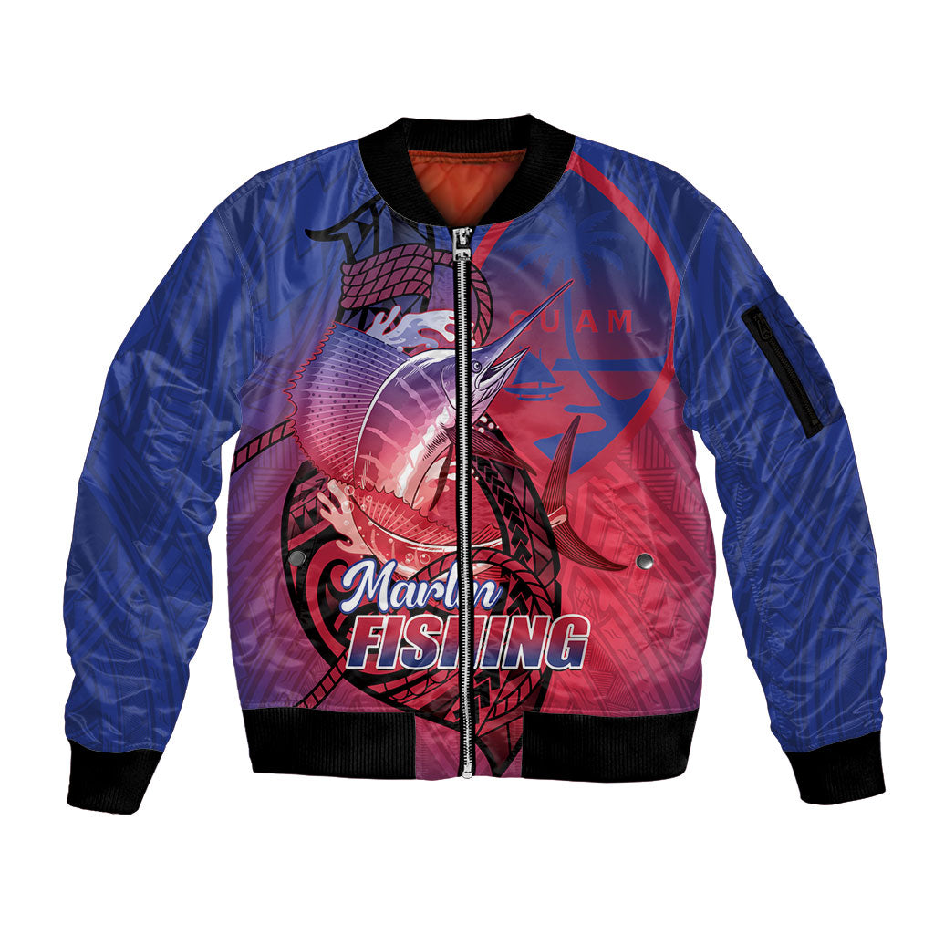 Guam Blue Marlin Fishing Sleeve Zip Bomber Jacket Guahan Fish Hook Tattoo