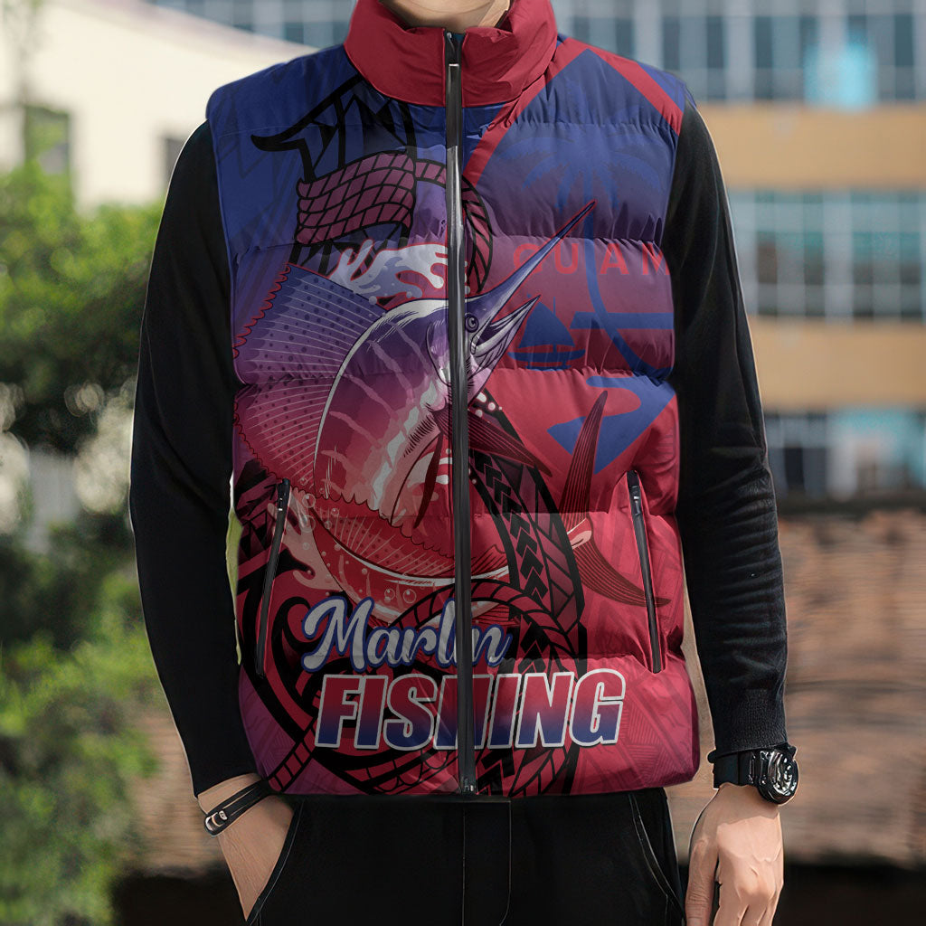 Guam Blue Marlin Fishing Sleeveless Puffer Jacket Guahan Fish Hook Tattoo