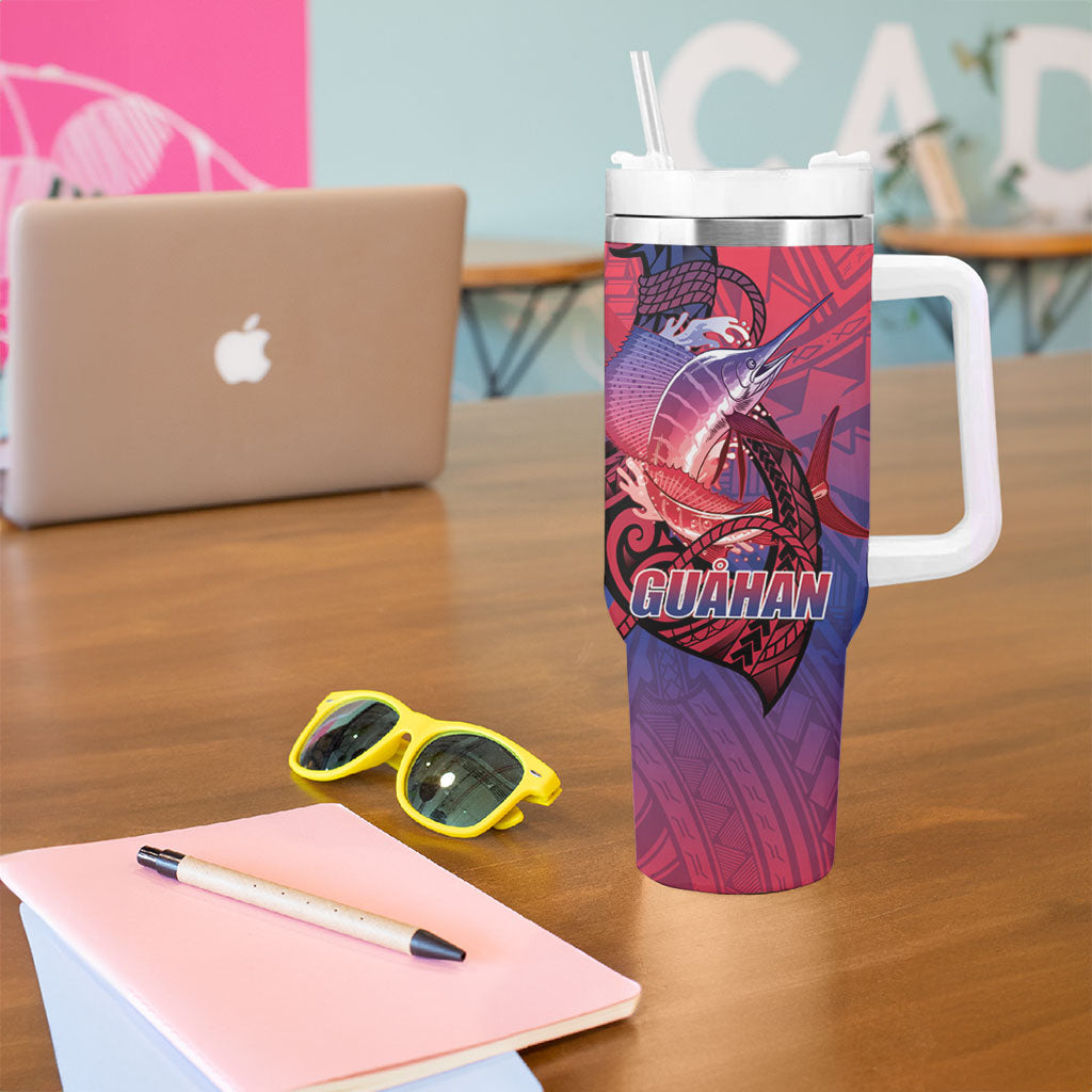 Guam Blue Marlin Fishing Tumbler With Handle Guahan Fish Hook Tattoo