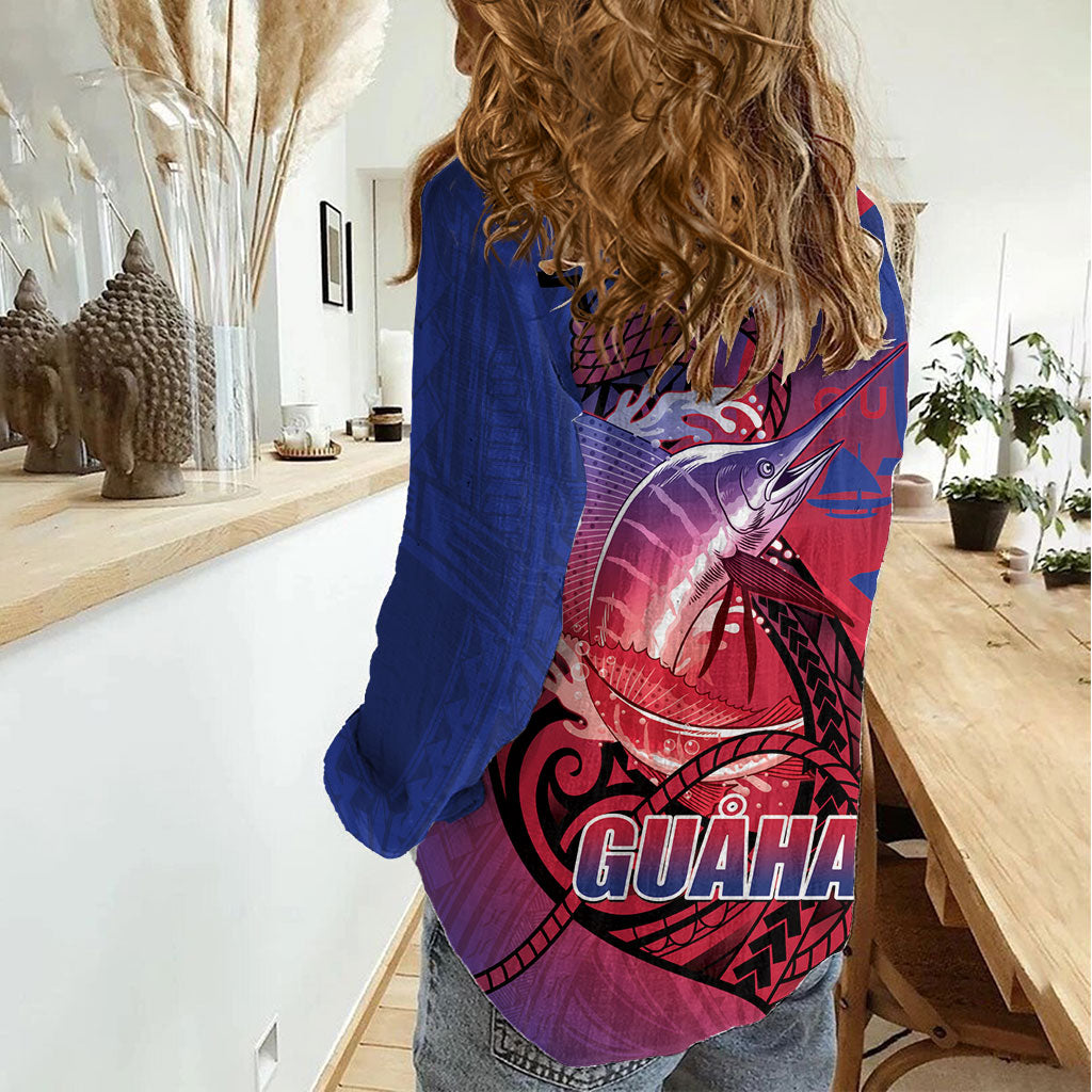 Guam Blue Marlin Fishing Women Casual Shirt Guahan Fish Hook Tattoo