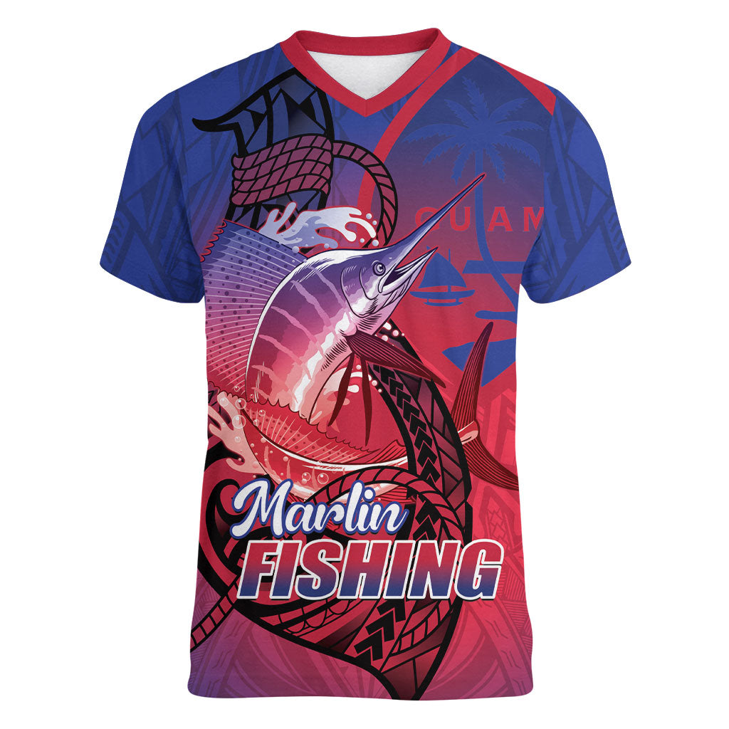 Guam Blue Marlin Fishing Women V-Neck T-Shirt Guahan Fish Hook Tattoo