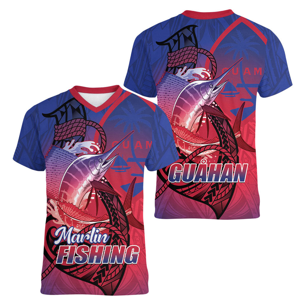 Guam Blue Marlin Fishing Women V-Neck T-Shirt Guahan Fish Hook Tattoo