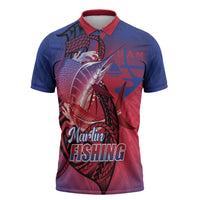 Guam Blue Marlin Fishing Zipper Polo Shirt Guahan Fish Hook Tattoo