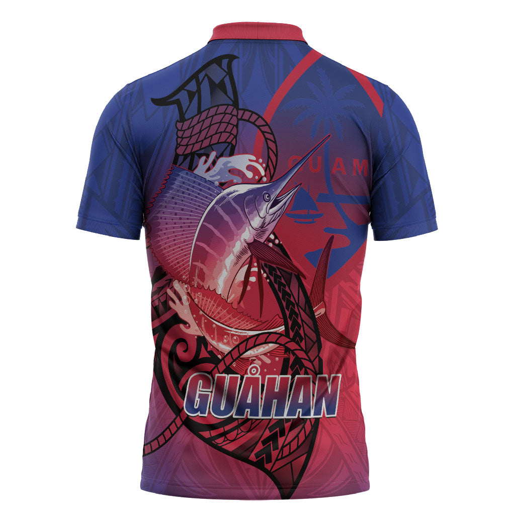 Guam Blue Marlin Fishing Zipper Polo Shirt Guahan Fish Hook Tattoo