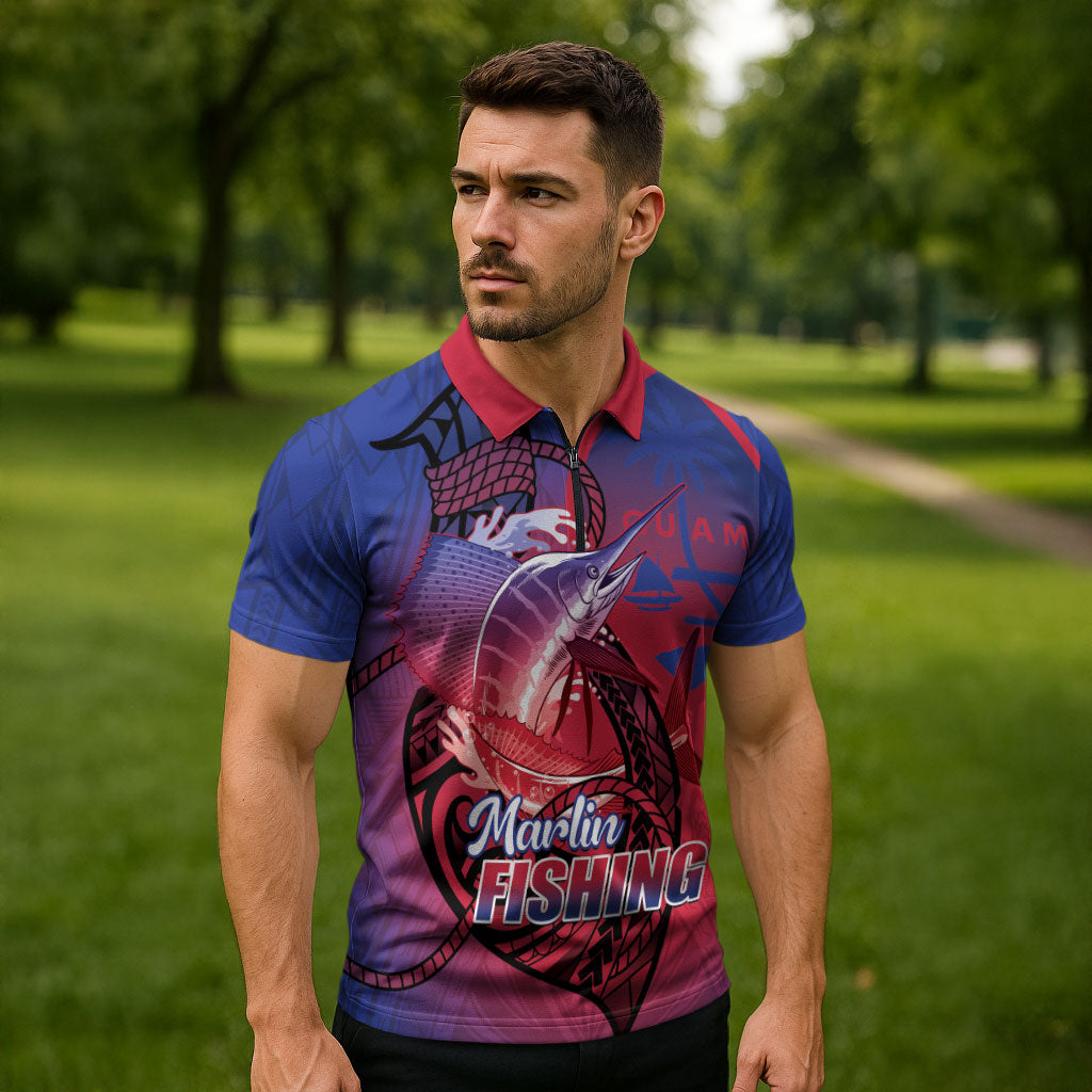 Guam Blue Marlin Fishing Zipper Polo Shirt Guahan Fish Hook Tattoo