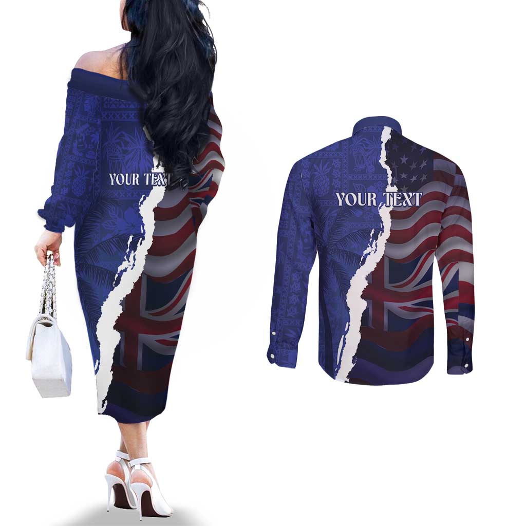 Personalized Hawaii Statehood Day Couples Matching Off The Shoulder Long Sleeve Dress and Long Sleeve Button Shirt 66th Anniversary - Polynesian Pride