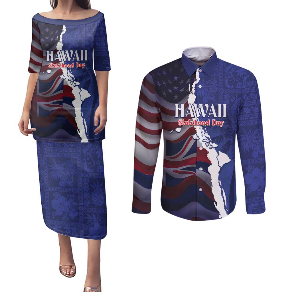 Personalized Hawaii Statehood Day Couples Matching Puletasi and Long Sleeve Button Shirt 66th Anniversary - Polynesian Pride