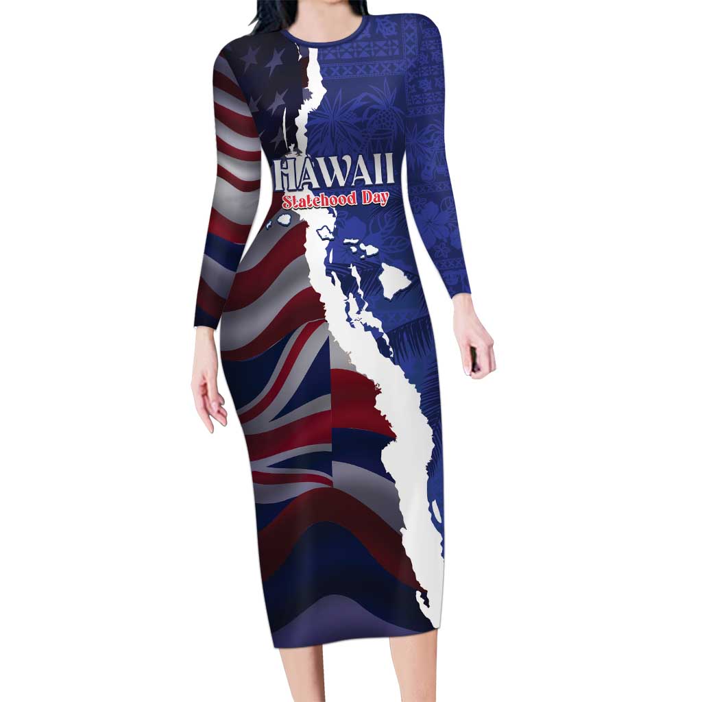 Personalized Hawaii Statehood Day Family Matching Long Sleeve Bodycon Dress and Hawaiian Shirt 66th Anniversary LT14 Mom's Dress Blue - Polynesian Pride