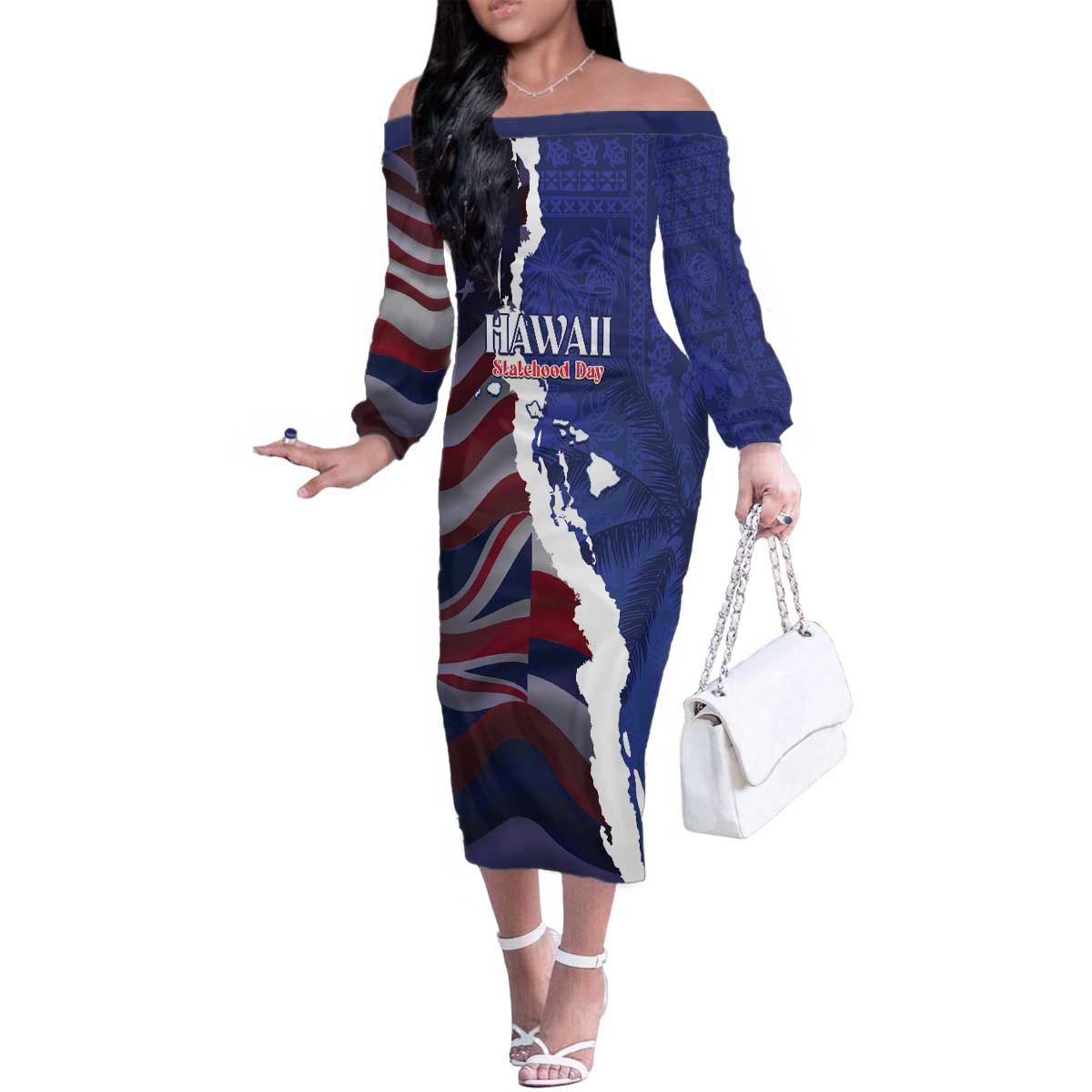 Personalized Hawaii Statehood Day Family Matching Off The Shoulder Long Sleeve Dress and Hawaiian Shirt 66th Anniversary - Polynesian Pride