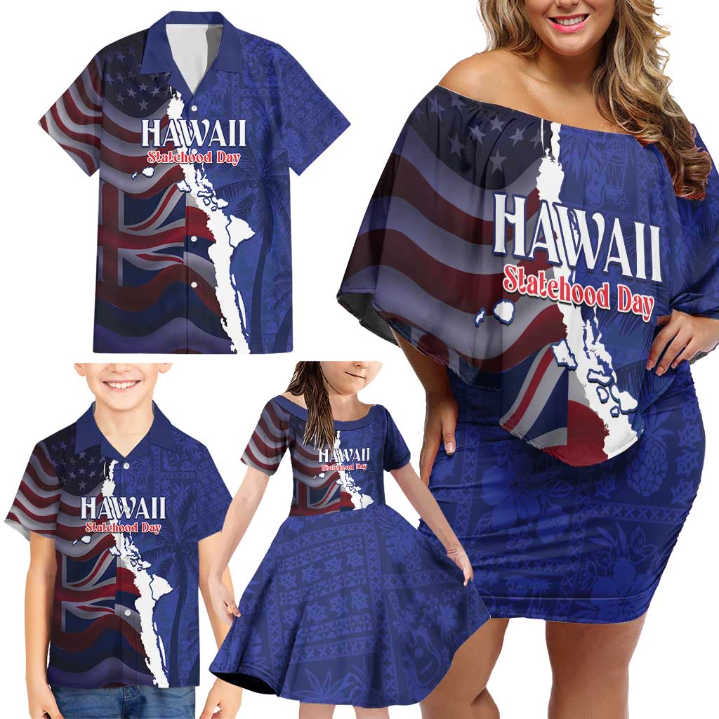 Personalized Hawaii Statehood Day Family Matching Off Shoulder Short Dress and Hawaiian Shirt 66th Anniversary - Polynesian Pride