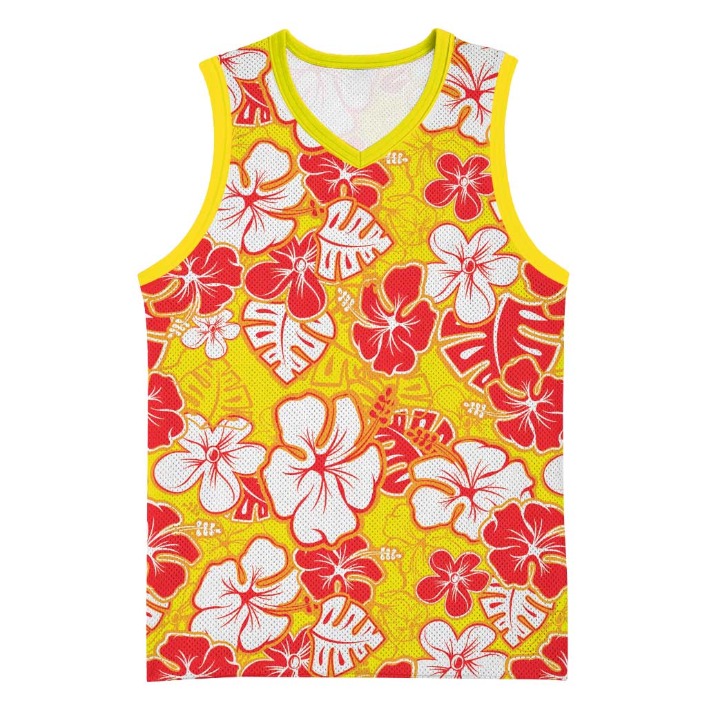 Yellow Hawaii Hibiscus Basketball Jersey Tropical Flowers Seamless Pattern - Polynesian Pride