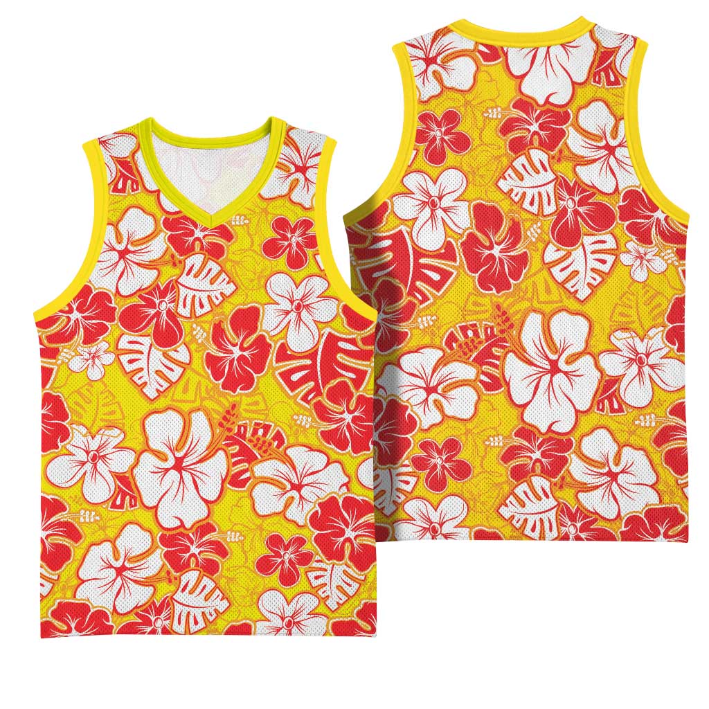 Yellow Hawaii Hibiscus Basketball Jersey Tropical Flowers Seamless Pattern - Polynesian Pride