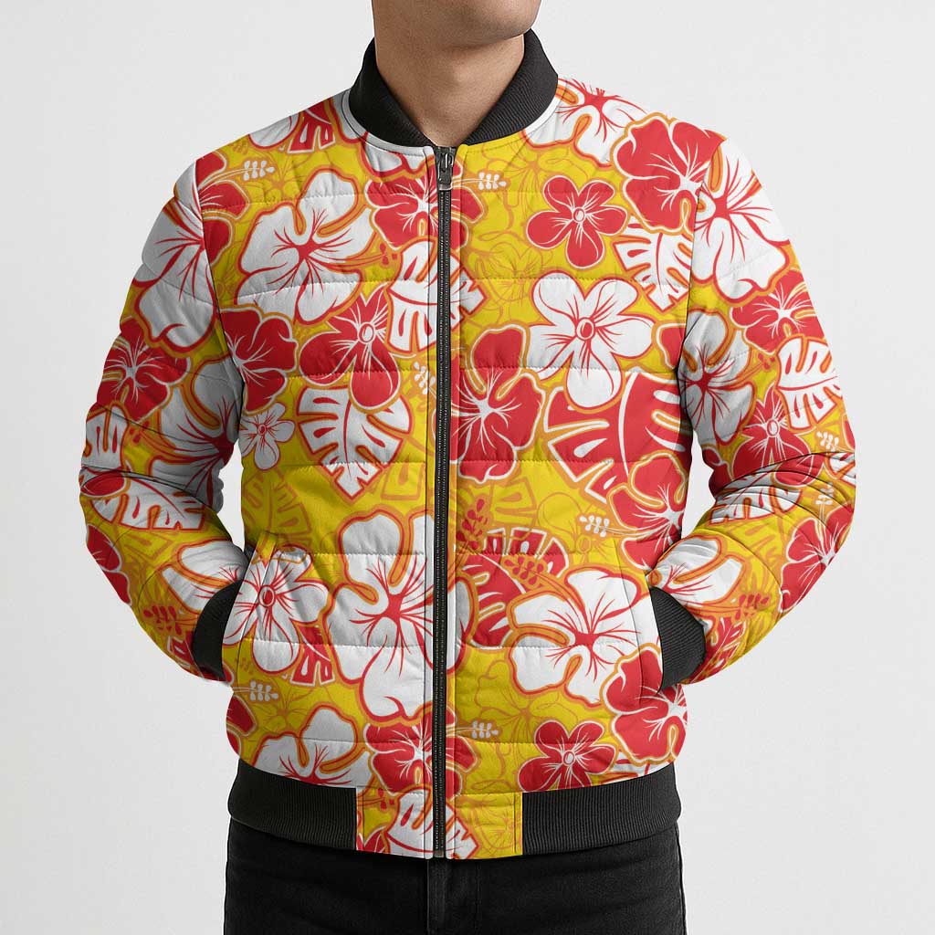 Yellow Hawaii Hibiscus Bomber Puffer Jacket Tropical Flowers Seamless Pattern - Polynesian Pride