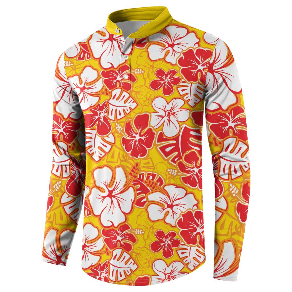 Yellow Hawaii Hibiscus Button Sweatshirt Tropical Flowers Seamless Pattern LT14 - Polynesian Pride