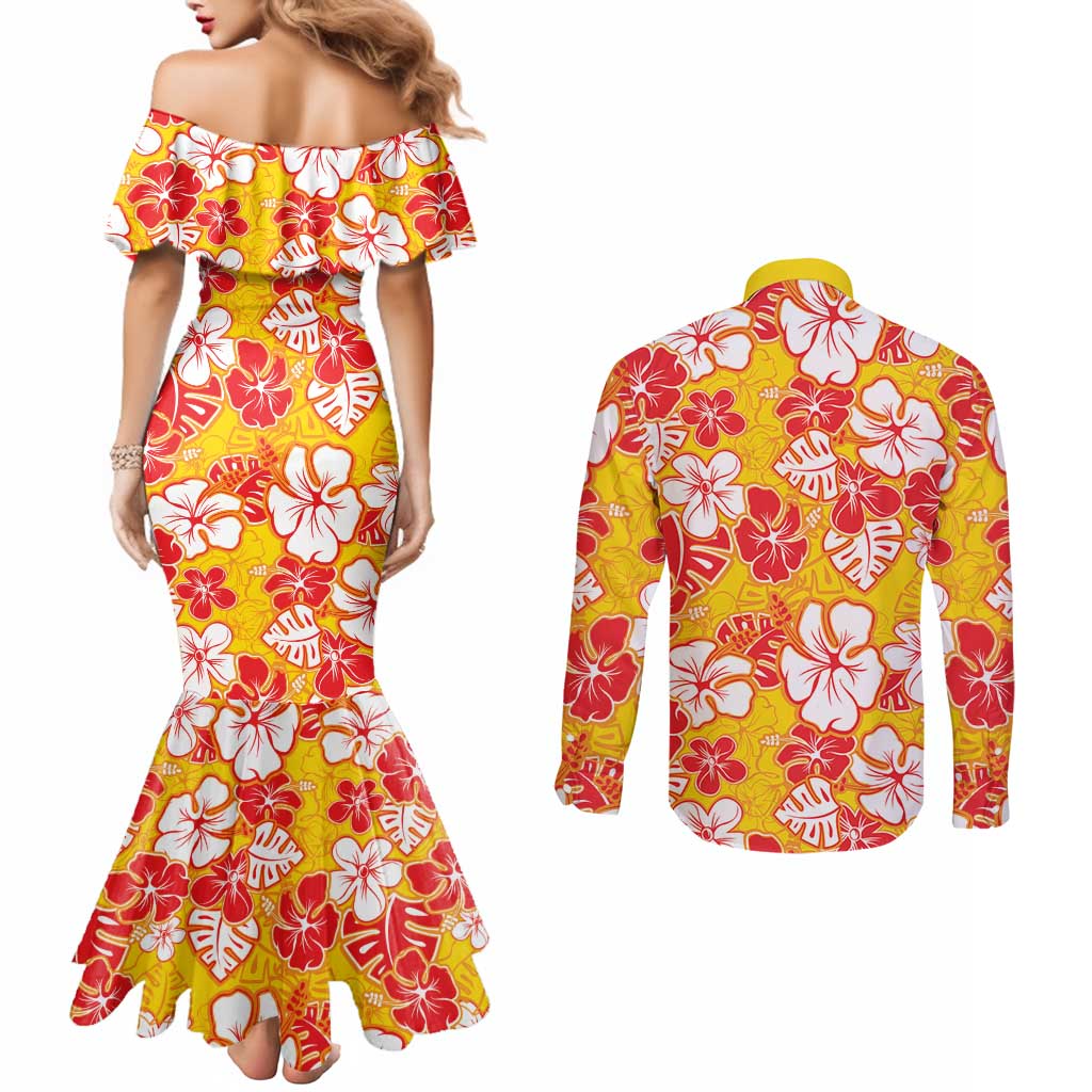 Yellow Hawaii Hibiscus Couples Matching Mermaid Dress and Long Sleeve Button Shirt Tropical Flowers Seamless Pattern - Polynesian Pride