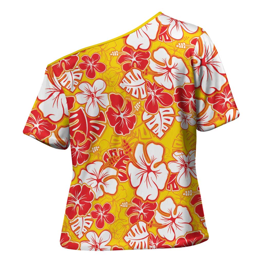 Yellow Hawaii Hibiscus Cross Shoulder Shirt Tropical Flowers Seamless Pattern - Polynesian Pride