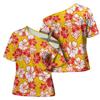 Yellow Hawaii Hibiscus Cross Shoulder Shirt Tropical Flowers Seamless Pattern - Polynesian Pride