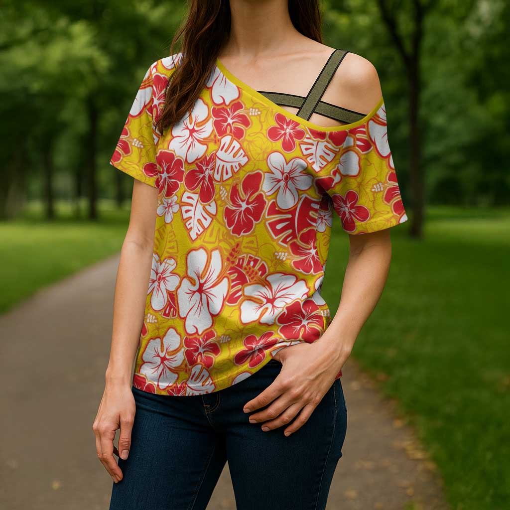 Yellow Hawaii Hibiscus Cross Shoulder Shirt Tropical Flowers Seamless Pattern - Polynesian Pride