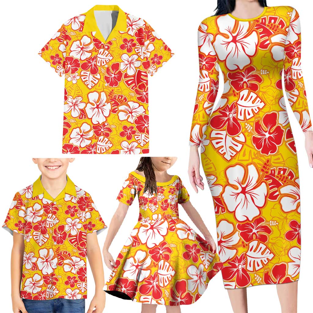Yellow Hawaii Hibiscus Family Matching Long Sleeve Bodycon Dress and Hawaiian Shirt Tropical Flowers Seamless Pattern LT14 - Polynesian Pride