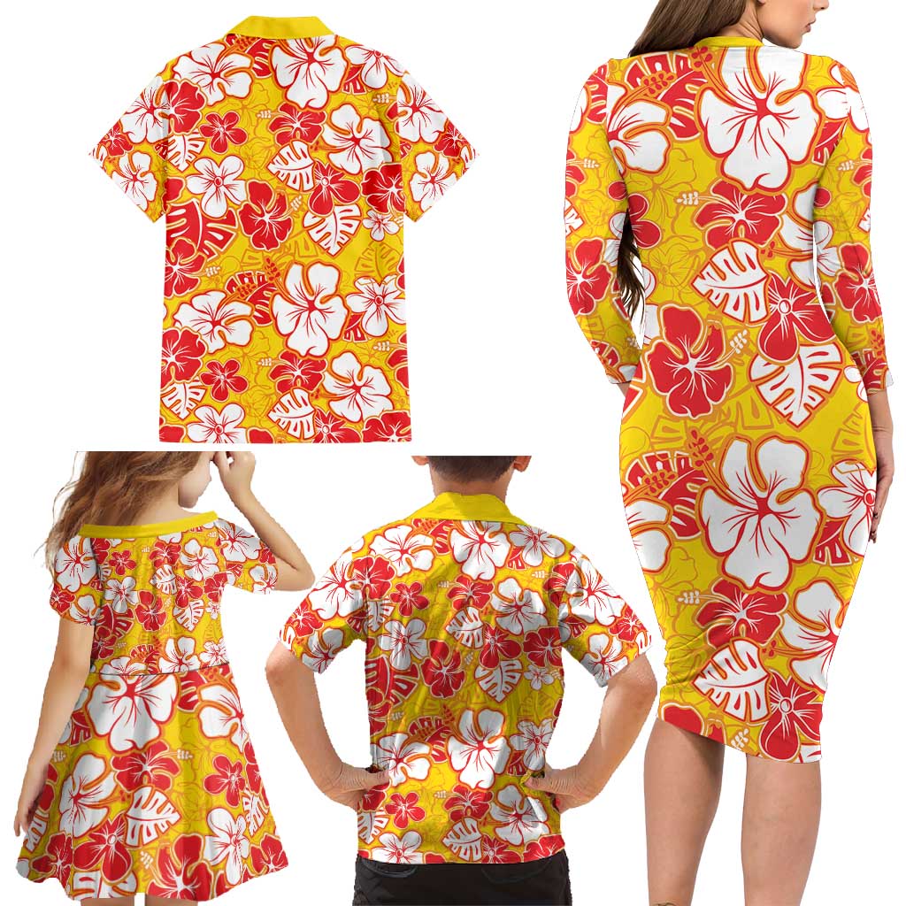 Yellow Hawaii Hibiscus Family Matching Long Sleeve Bodycon Dress and Hawaiian Shirt Tropical Flowers Seamless Pattern LT14 - Polynesian Pride