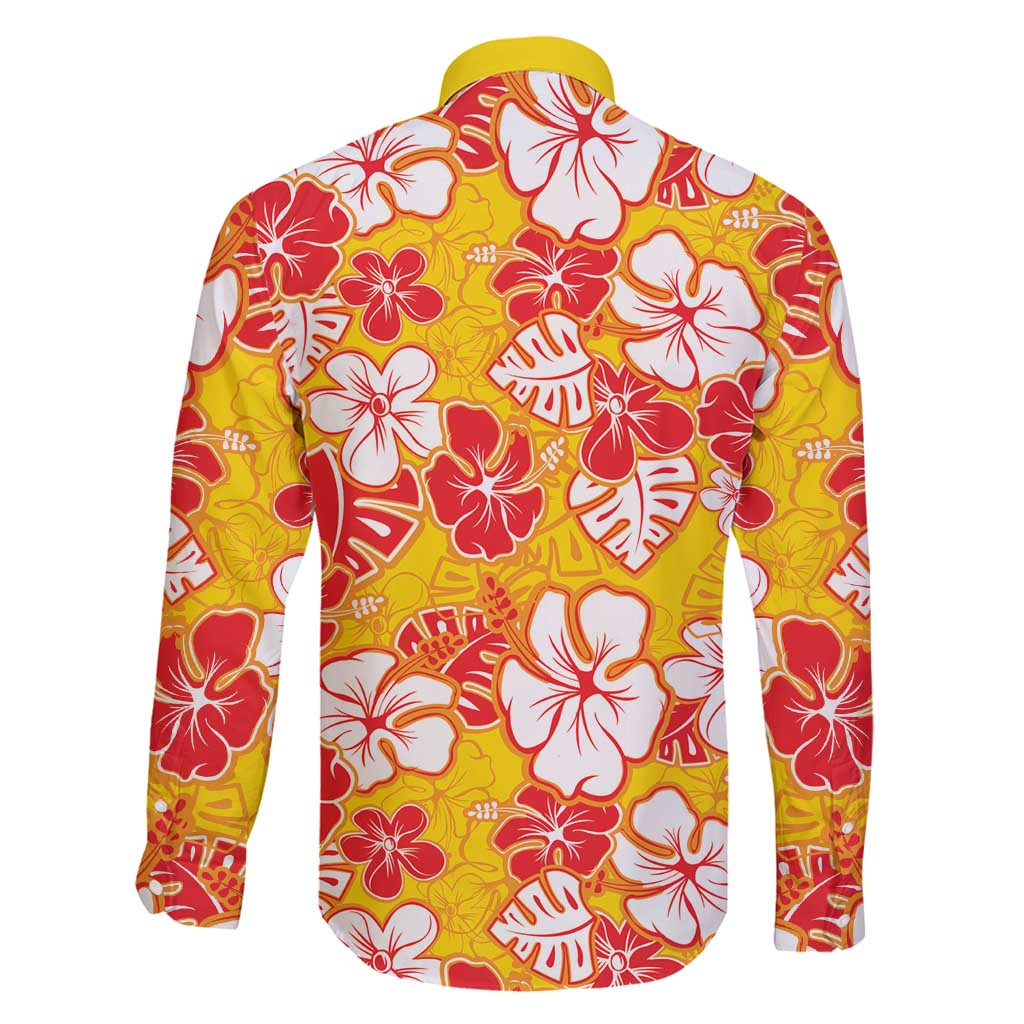 Yellow Hawaii Hibiscus Family Matching Long Sleeve Bodycon Dress and Hawaiian Shirt Tropical Flowers Seamless Pattern LT14 - Polynesian Pride