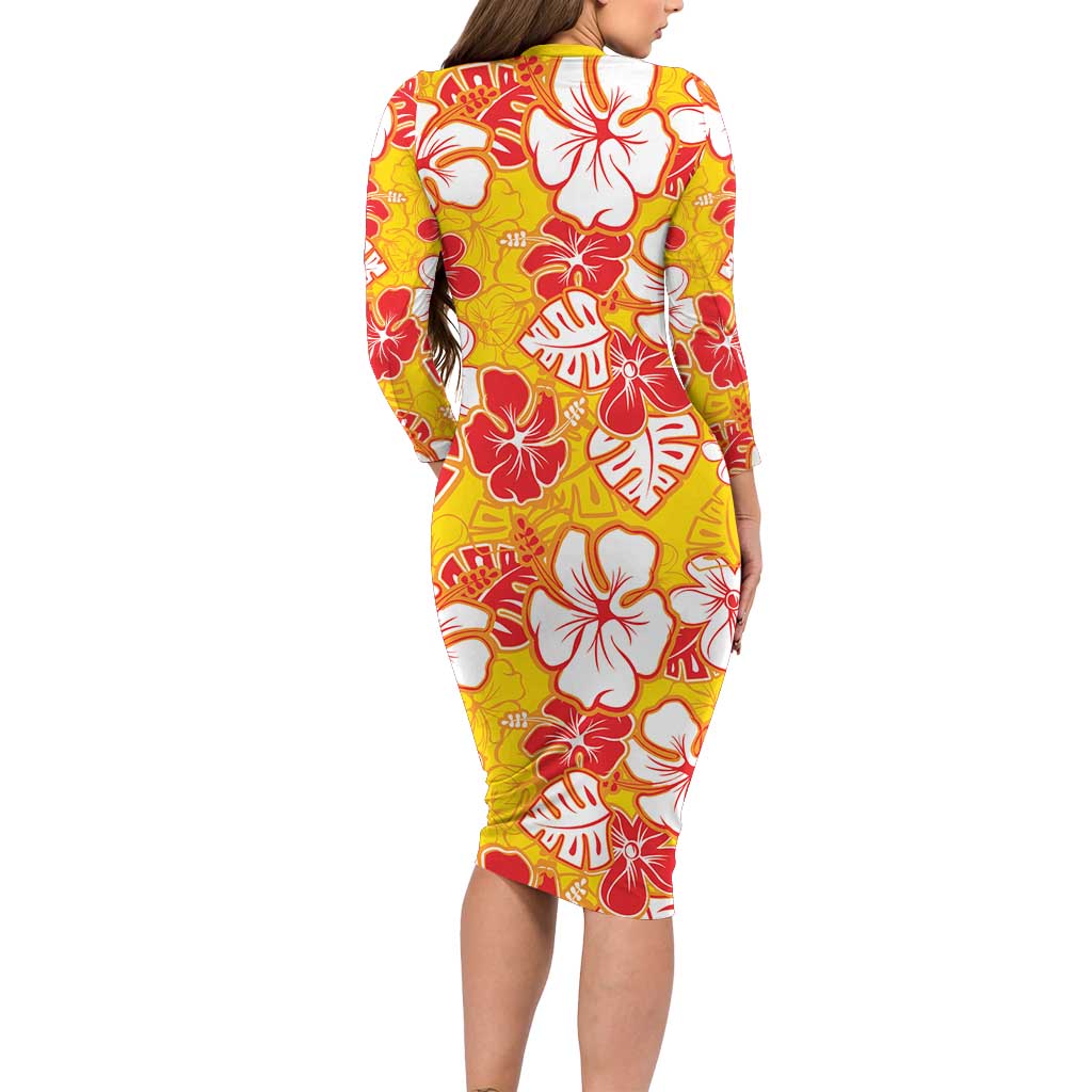 Yellow Hawaii Hibiscus Family Matching Long Sleeve Bodycon Dress and Hawaiian Shirt Tropical Flowers Seamless Pattern LT14 - Polynesian Pride