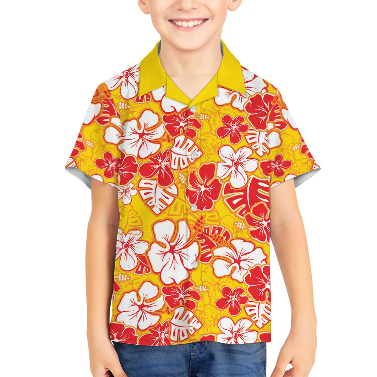 Yellow Hawaii Hibiscus Family Matching Off The Shoulder Long Sleeve Dress and Hawaiian Shirt Tropical Flowers Seamless Pattern - Polynesian Pride