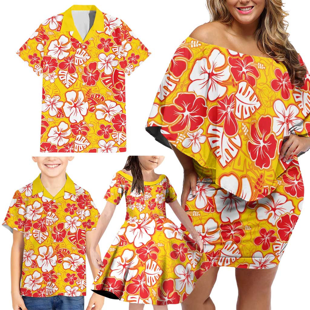 Yellow Hawaii Hibiscus Family Matching Off Shoulder Short Dress and Hawaiian Shirt Tropical Flowers Seamless Pattern LT14 - Polynesian Pride