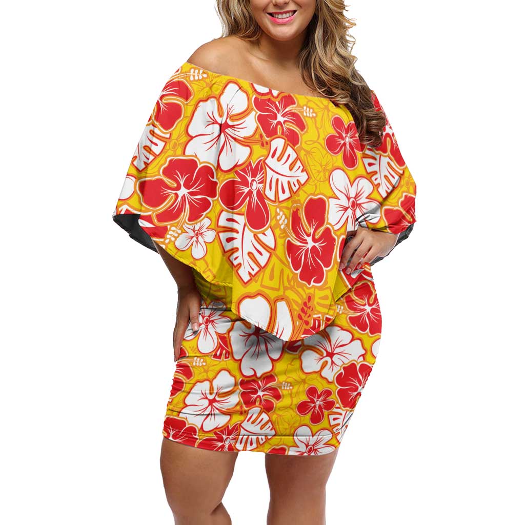Yellow Hawaii Hibiscus Family Matching Off Shoulder Short Dress and Hawaiian Shirt Tropical Flowers Seamless Pattern LT14 Mom's Dress Yellow - Polynesian Pride