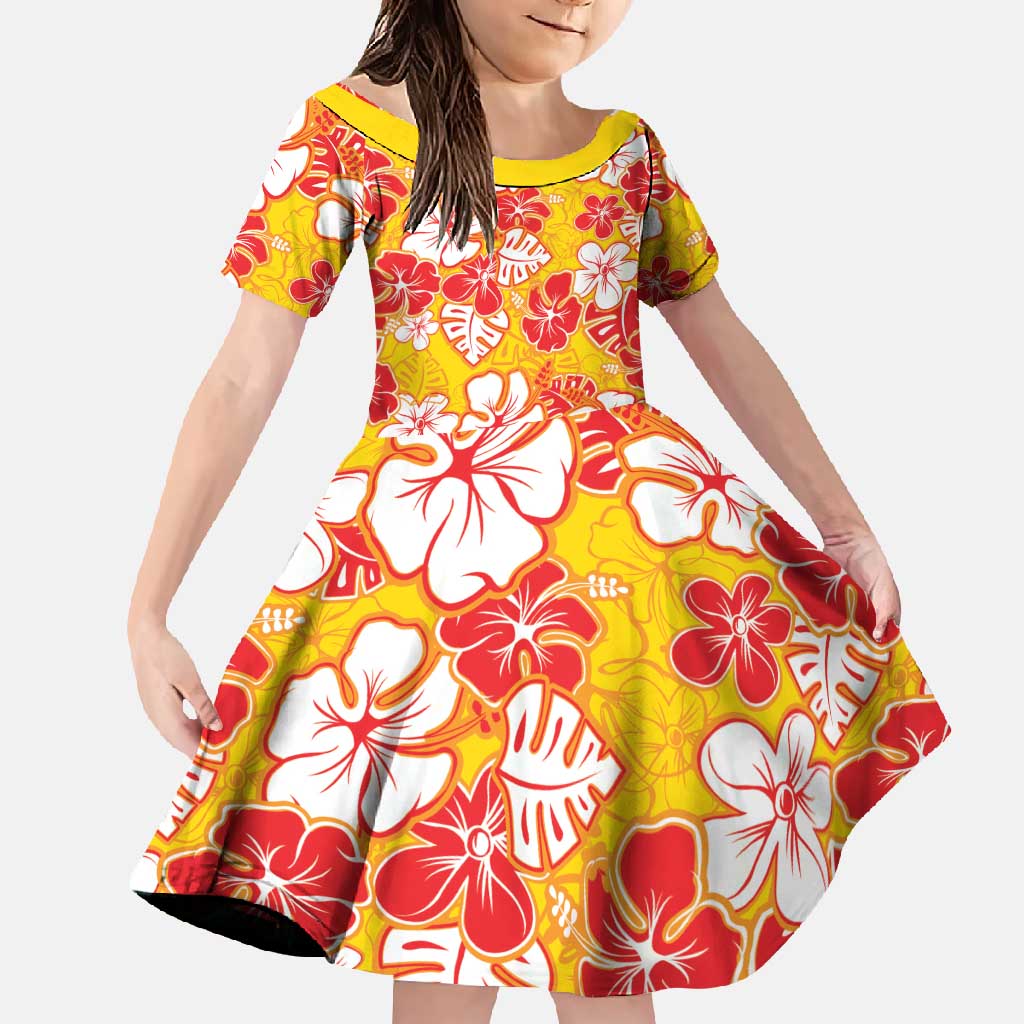 Yellow Hawaii Hibiscus Family Matching Short Sleeve Bodycon Dress and Hawaiian Shirt Tropical Flowers Seamless Pattern LT14 Daughter's Dress Yellow - Polynesian Pride