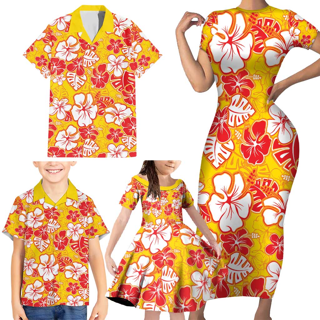 Yellow Hawaii Hibiscus Family Matching Short Sleeve Bodycon Dress and Hawaiian Shirt Tropical Flowers Seamless Pattern LT14 - Polynesian Pride